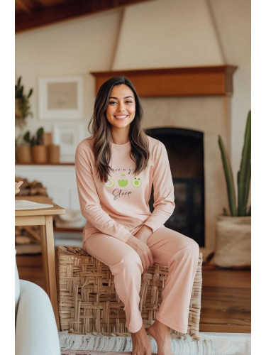 Trendyol Light Salmon 100% Cotton Slogan and Avocado Printed Knitted Pajama Set