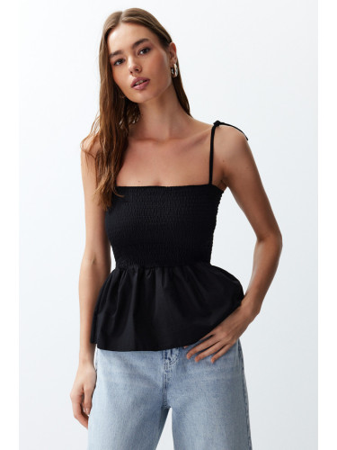 Trendyol Black Cotton Poplin Detailed Strap Flexible Knitted Blouse