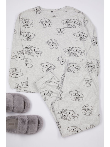 Trendyol Curve Gray Melange Koala Patterned Knitted Pajama Set