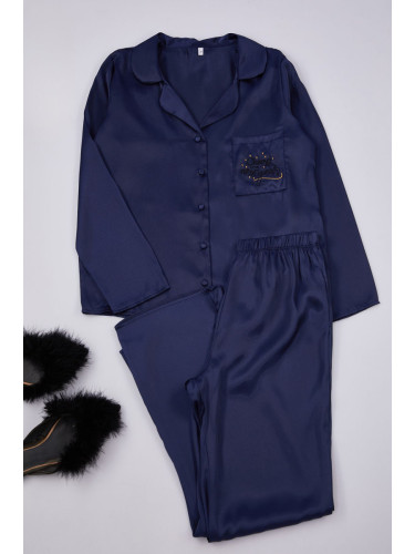 Trendyol Navy Blue New Year Themed Embroidered Satin Shirt-Pants Woven Pajama Set