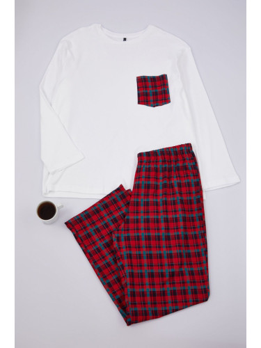 Trendyol Curve White Plaid Tshirt-Pants Knitted Pajama Set