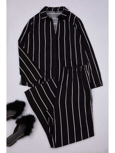 Trendyol Curve Black Striped Shirt with Slit Collar Leg Woven Pajama Set