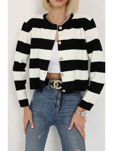 74390 Dewberry Crew Neck Striped Crop Cardigan-BLACK