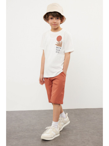 Trendyol White Boy's Back Printed Short Sleeve T-shirt Shorts Set Cotton Knitted Bottom-Top Set