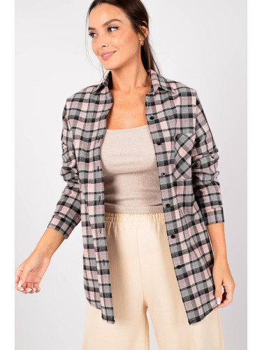 armonika Women's Light Gray Checkered Pattern Oversized Shirt