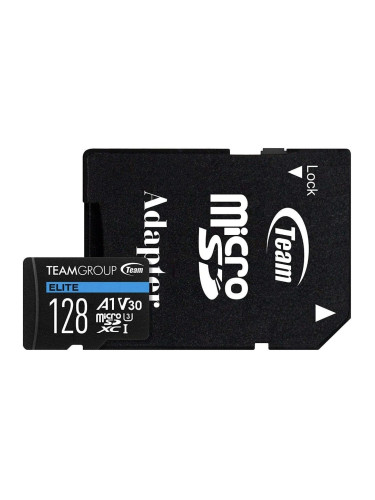 Карта памет 128GB microSDHC Team Group A1 с адаптер, Class 10 UHS-I, скорост на четене 100 MB/s, скорост на запис 50 MB/s