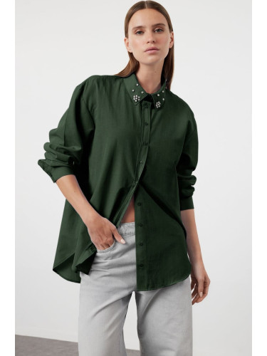 Trendyol Dark Green Oversize Woven Shirt with Stone Detail on Collar