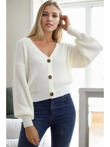 23325 Dewberry 3 Button V-Neck Women Cardigan-WHITE