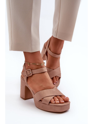 Women's sandals made of eco-suede on a high heel and platform, dark beige Sakane