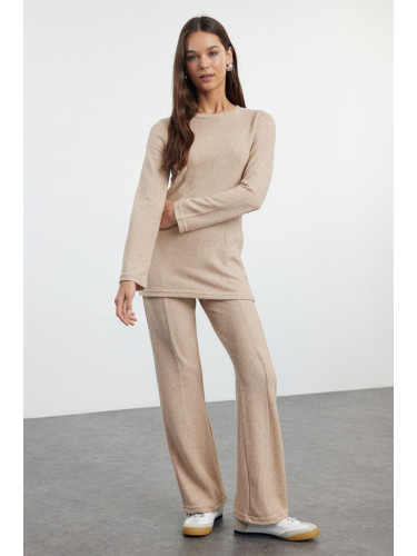 Trendyol Beige Soft Long Sleeve Crew Neck Blouse and Trousers Flexible Knitted Top-Bottom Set