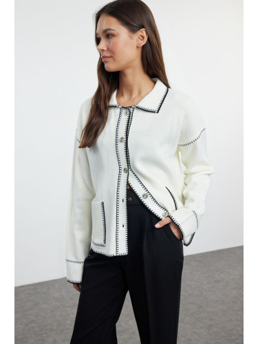 Trendyol Ecru Color Block Polo Neck Knitted Cardigan