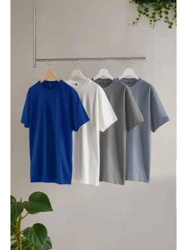 Trendyol Blue-Grey-Mink-Ecru Slim/Slim Cut 4-Piece Basic 100% Cotton T-Shirt