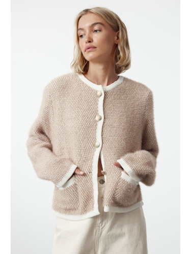 Trendyol Beige Premium Quality Soft Textured Chenille Knitwear Cardigan