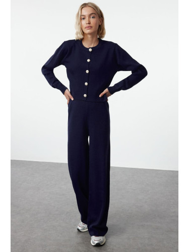 Trendyol Navy Blue Crop Cardigan-Pants Knitwear Bottom-Top Set