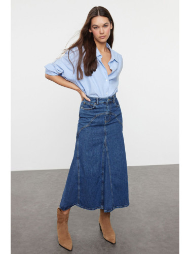 Trendyol Dark Blue Stitch Detailed Maxi Denim Skirt