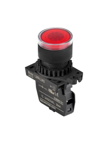 Панелен превключвател, L2RR-L3RLM, бутон, ф22mm, 1 позиция, червен, LED