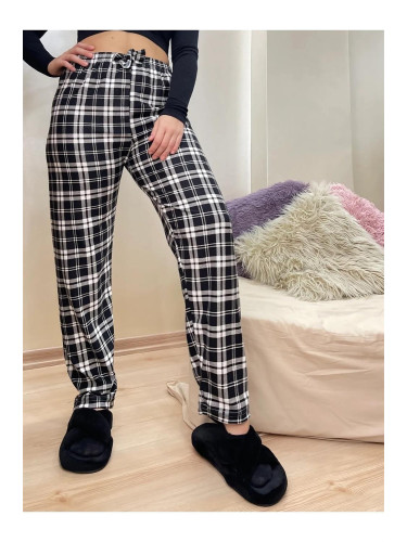 17947 Dewberry Plaid Checkered Cotton Velvet Pyjama Bottoms-BLACK-WHITE