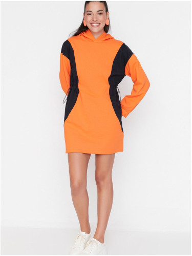 Black and Orange Trendyol Hooded Sweatshirt Dress - Women