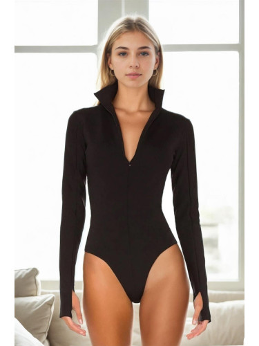 61873 Dewberry Jersey Bodysuit with Snap Zipper Detail-BLACK