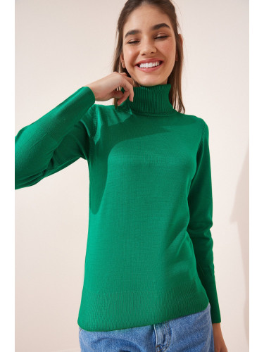 Happiness İstanbul Women's Vibrant Green Turtleneck Lightweight Balloon Sleeves Knitwear Sweater