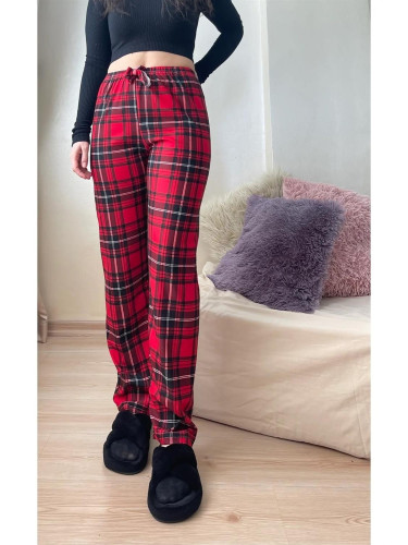 17947 Dewberry Plaid Checkered Cotton Velvet Pyjama Bottoms-RED-BLACK