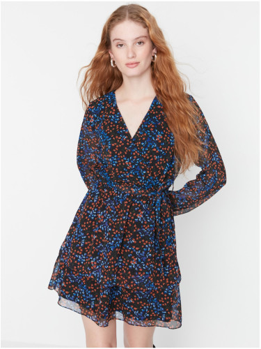 Blue and Black Women's Floral Dress with Ties Trendyol - Women