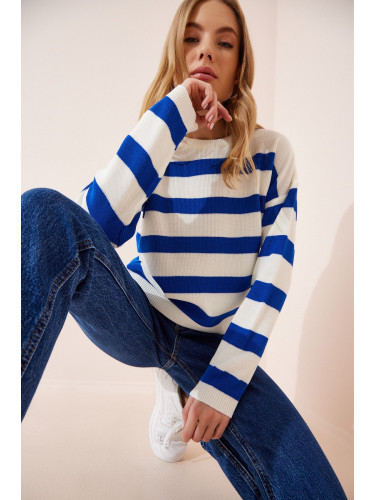 Happiness İstanbul Women's Ecru Blue Striped Knitwear Sweater