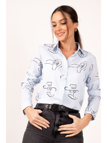 armonika Women's Ice Blue Patterned Long-Sleeve Shirt