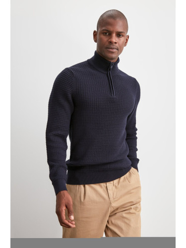 Trendyol Navy Blue Men's Half Turtleneck Zipper Textured Sweater