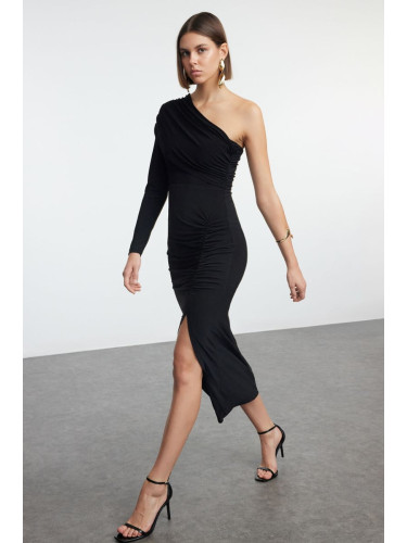 Trendyol Black Plain Maxi Single Sleeve Draped Detail Slit Body-Fitting Flexible Maxi Knit Dress