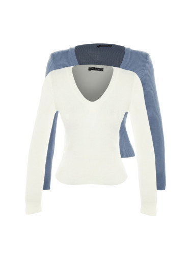 Trendyol Indigo-Ecru Basic 2-Pack Knitwear Sweater