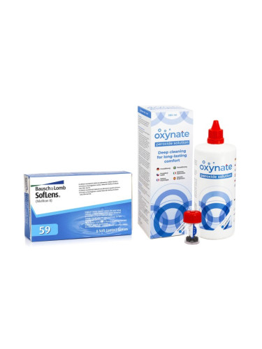 SofLens 59 (6 лещи) + Oxynate Peroxide 380 ml с кутийка - едномесечни контактни лещи, опаковки сферични и асферични, Hilafilcon B