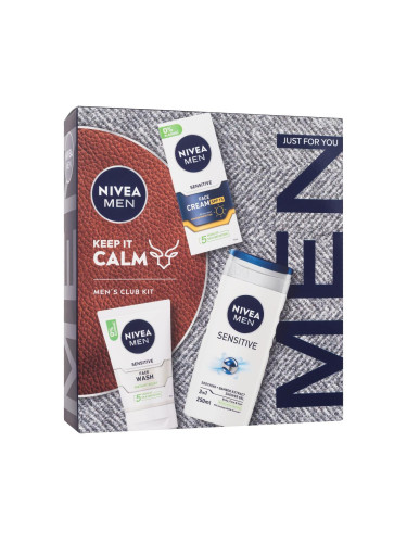 Nivea Men Sensitive Keep It Calm Подаръчен комплект дневен крем за лице Men Sensitive Face Cream SPF15 75 ml + почистващ гел за лице Men Sensitive Face Wash 100 ml + душ гел Men Sensitive Soothing Bamboo Extract Shower Gel 250 ml