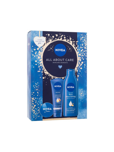 Nivea All About Care Подаръчен комплект универсален крем Creme 30 ml + крем за ръце Intensive Moisture 100 ml + лосион за тяло Rich Nourishing 250 ml