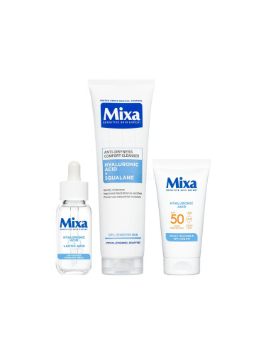 Пакет с отстъпка Почистващ гел Mixa Hyaluronic Acid + Squalane Anti-Dryness Comfort Cleanser + Серум за лице Mixa Hyaluronic Acid + Lactic Acid Anti-Dryness Hydrating Serum + Дневен крем за лице Mixa Hyaluronic Acid Daily Invisible SPF Cream SPF50