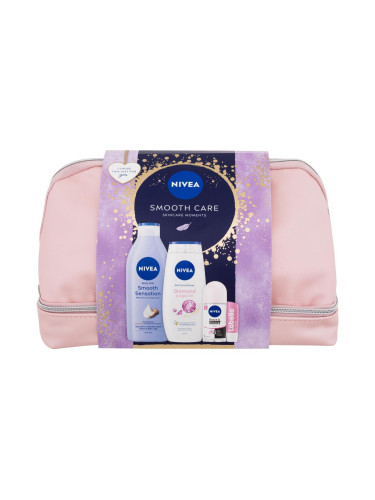 Nivea Smooth Care Skincare Moments Подаръчен комплект лосион за тяло Smooth Sensation 400 ml + душ крем Diamond & Argan Oil 250 ml + антиперспирант Invisible Black & White Clear 50 ml + балсам за устни Labello Soft Rosé 4,8 g + козметична чантичка