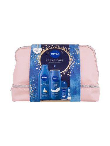 Nivea Creme Care Skincare Moments Подаръчен комплект лосион за тяло Rich Nourishing 400 ml + душ гел Creme Care 250 ml + антиперспирант Protect & Care 50 ml + балсам за устни Labello Original 4,8 g + козметична чантичка