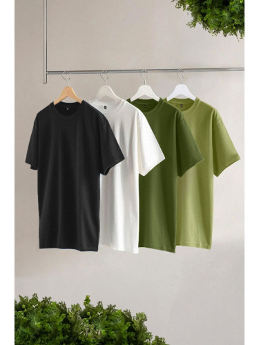 Trendyol Black-Khaki-Light Green-Ecru Slim/Slim Cut 4-Piece Basic 100% Cotton T-Shirt