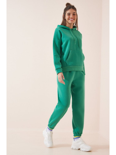 Happiness İstanbul Women's Vibrant Green Hooded Raspberry Knitted Tracksuit Set