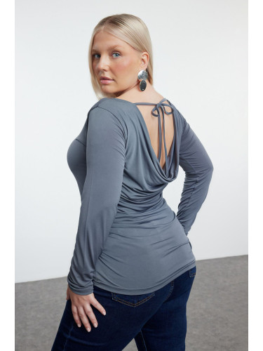 Trendyol Curve Anthracite Boat Neck Lace Back Knitted Plus Size Blouse