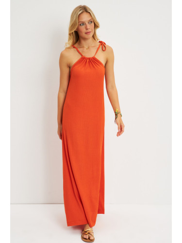 Cool & Sexy Women's Orange Halter Neck Wrap Midi Dress