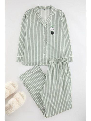 Trendyol Curve Mint Striped Shirt Collar Piping Knitted Pajamas Set