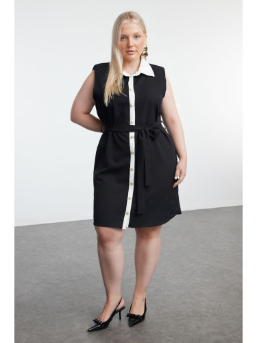 Trendyol Curve Black Shirt Collar Gold Buttoned Detachable Belt Plus Size Mini Woven Dress
