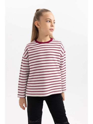 DEFACTO Girl's Loose Fit Striped Crew Neck Sweatshirt