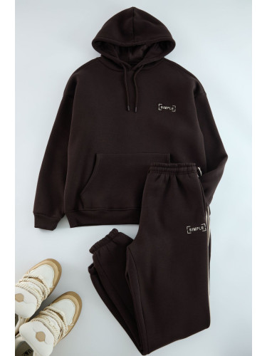 Trendyol Brown Oversize/Wide Cut Hooded Embroidered Inside Polar Fleece Sweatshirt Tracksuit
