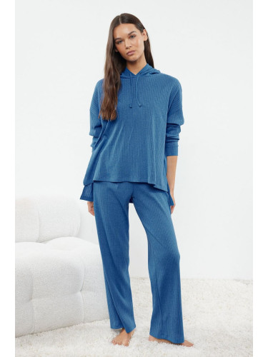 Trendyol Blue Cotton Hooded Ribbed Knitted Pajama Set