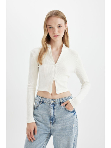 DEFACTO Fitted Stand Collar Basic Plain Zippered Ribbed Camisole Crop White Cardigan