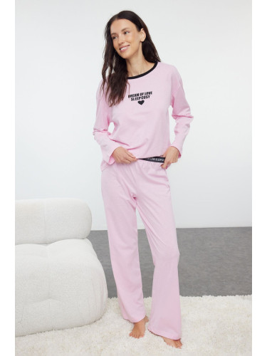 Trendyol Pink 100% Cotton Heart and Slogan Printed Elastic Knitted Pajama Set