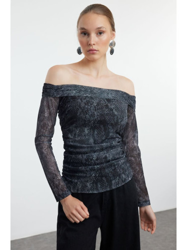 Trendyol Anthracite Printed Tulle Bateau Neck Fitted Stretchy Knitted Blouse