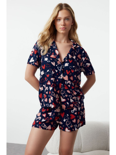 Trendyol Navy Blue-Multicolored Heart Patterned Viscose Woven Pajama Set